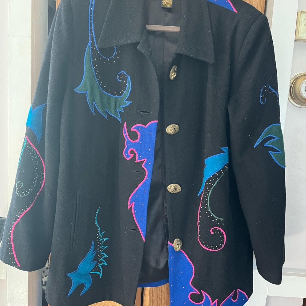 Alex Kim Black Coat Button Wool Blend Embroidered Artsy Wearable Art Sz Large